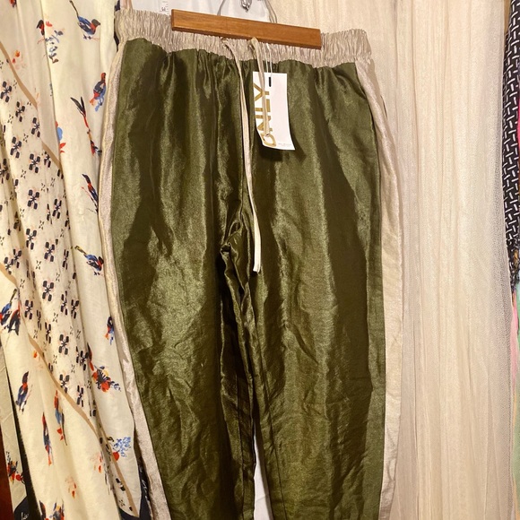 Has it all: Snazzy Satin Joggers in Autumn Green w Vertical Stripe NWT Hot Pants - Picture 2 of 10